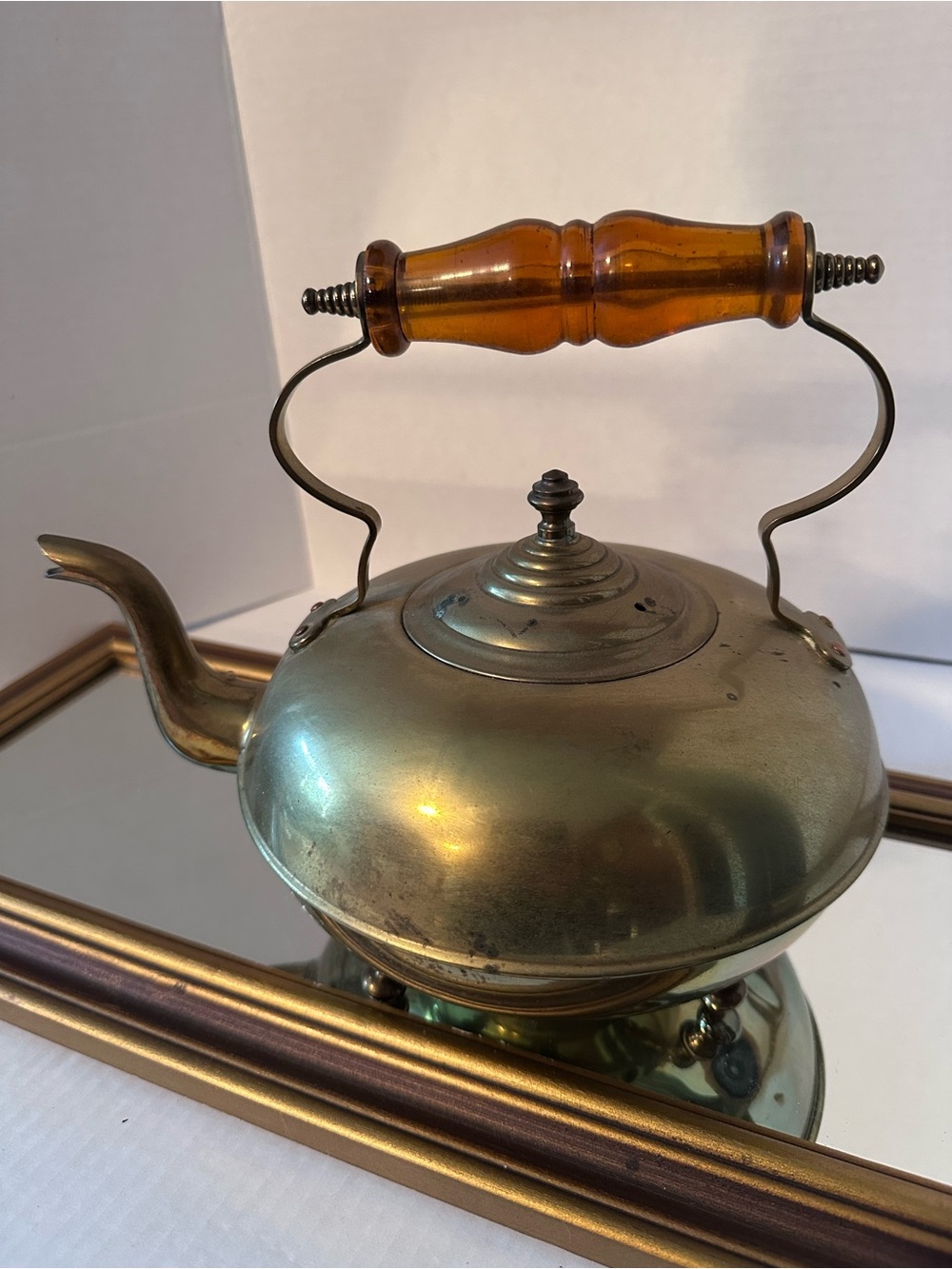 Vintage Brass Whistling Kettle with Amber Glass Handle - Home Kitchen